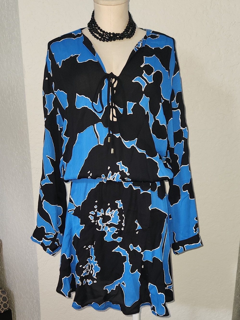 Karina Grimaldi Blue & Black Long Sleeve Tie-Front Dress